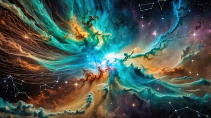cosmic nebula radiates vibrant hues of cerulean, emerald, and amber, its ethereal wisps and tendrils undulating like celestial silk
