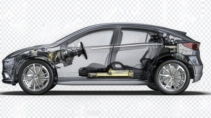 Technical electric car with EV system isolated on transparent background