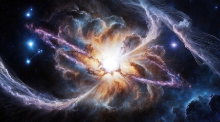 luminescent supernova dominates the center of the frame, its blindingly bright core surrounded by swirling