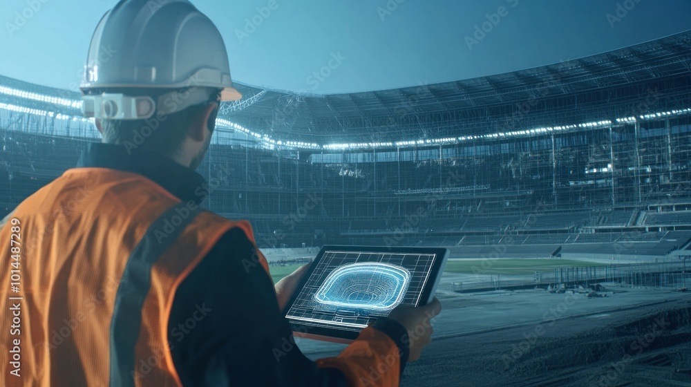 Poster construction worker using digital tablet to view stadium design