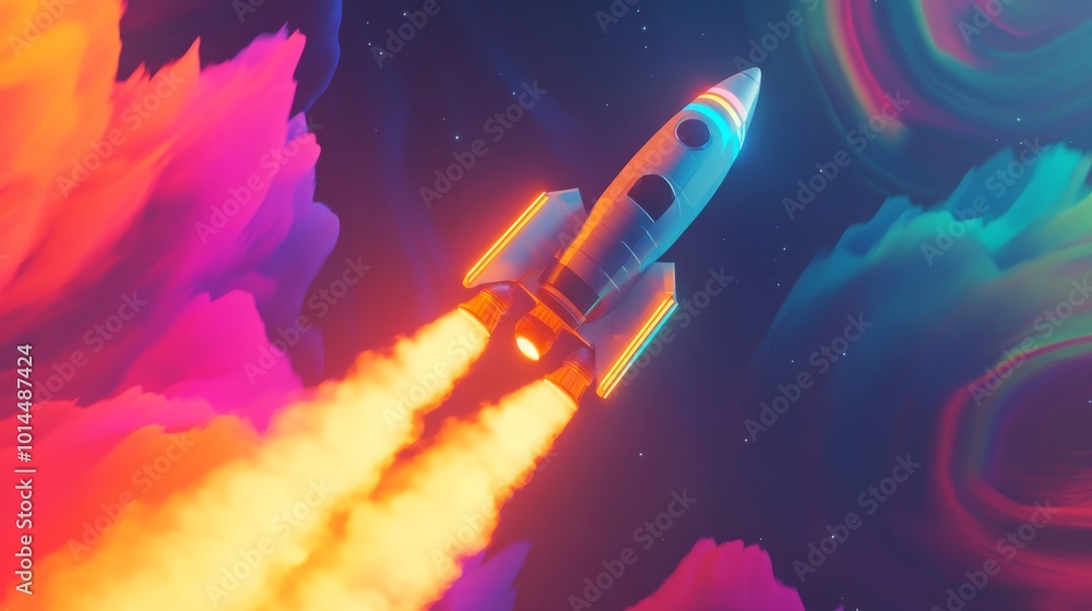 Poster a rocket ascends into a dazzling cosmic expanse, surrounded by vibrant clouds in various colors. the