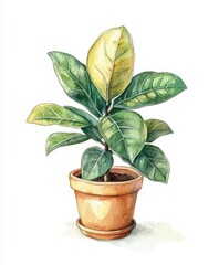 Fototapeta premium Watercolor illustration of a ficus elastica plant in a terracotta pot