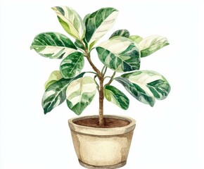 Watercolor illustration of a ficus elastica plant in a beige pot