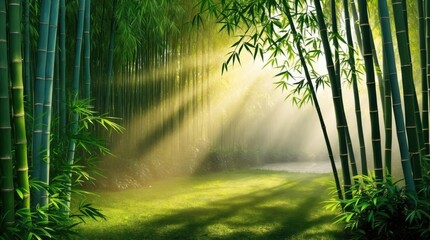 Fototapeta premium A serene and immersive bamboo forest scene with gentle sunlight filtering through the delicate, feathery leaves