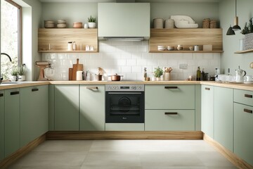 Modern Green Kitchen with Wooden Accents