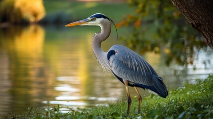 Great blue heron near urban pond highlights water birds and the need to preserve natural habitats
