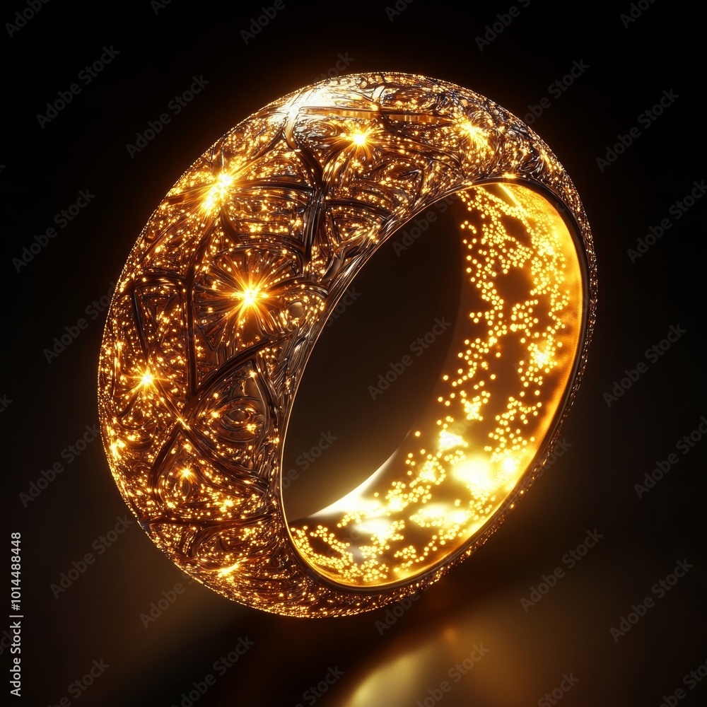 Poster a detailed 3d rendering of a golden magic ring with a sparkling, glowing effect and intricate patter