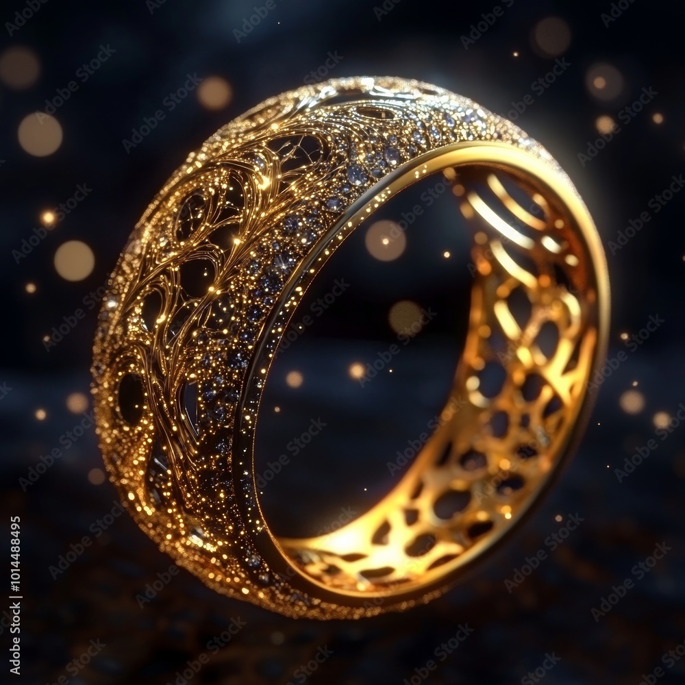 Poster a detailed 3d rendering of a golden magic ring with a sparkling, glowing effect and intricate patter