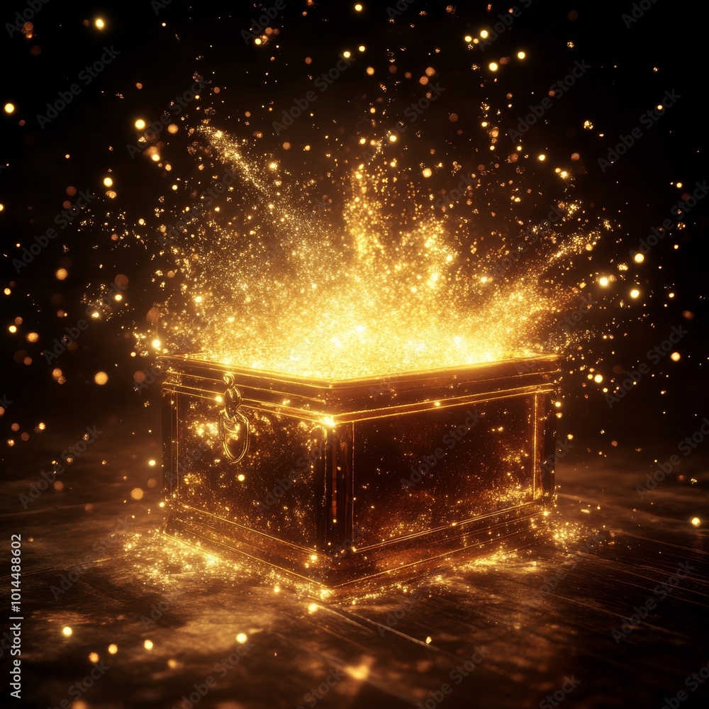 Poster a detailed 3d rendering of a golden magical chest with a burst of sparkling light and glowing partic