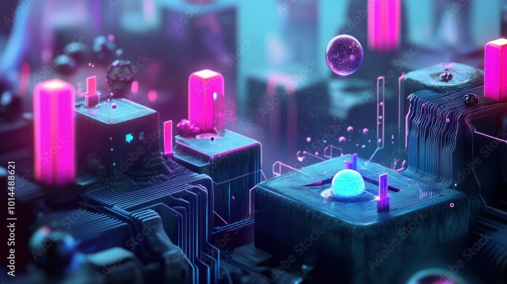 Poster abstract neon cityscape with floating spheres and glowing structures