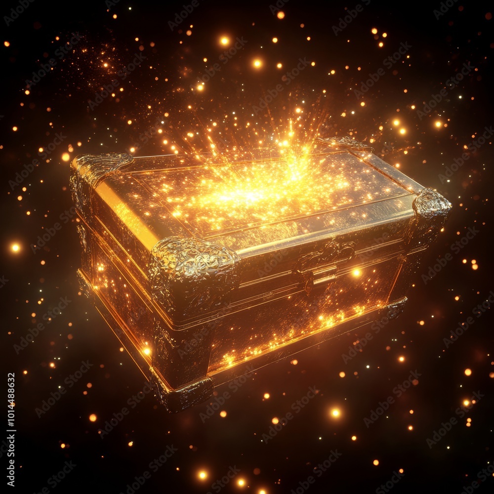 Poster a detailed 3d rendering of a golden magical chest with a burst of sparkling light and glowing partic