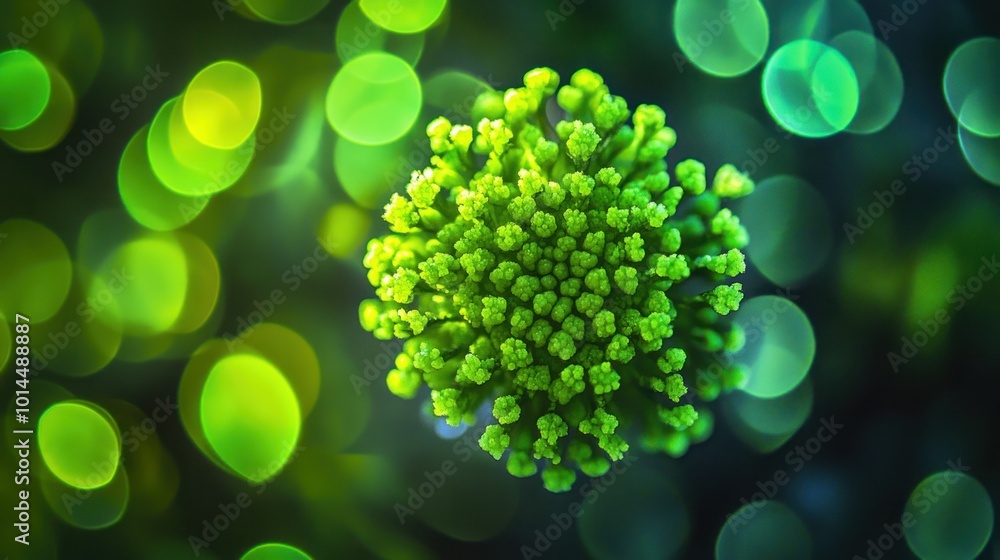 Poster A Close-Up View of a Green Virus with Bokeh Background