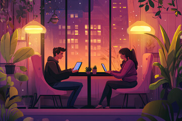 long distance relationship concept, Even though they're in different places, online channels make them feel close to each other illustration