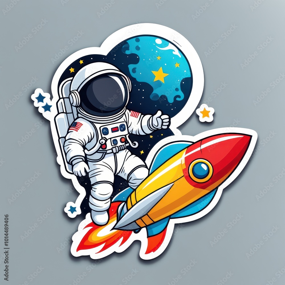 Poster an astronaut flying a colorful rocket in space with stars and a planet in the background.