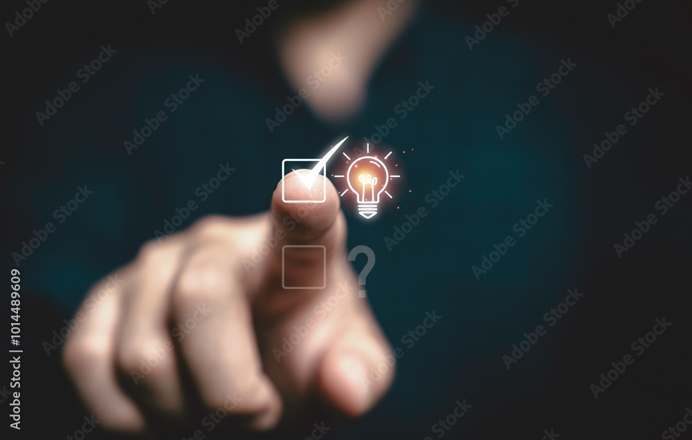 Poster businessman touching to tick correct sign mark on glowing lightbulb for creative thinking problem so