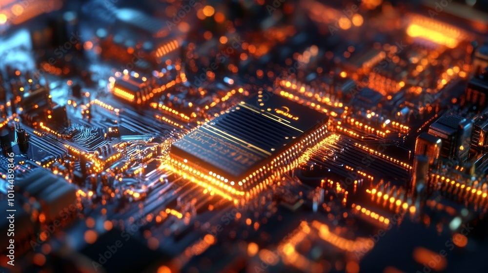 Aufkleber Close-up of a glowing electronic circuit board with a central processor