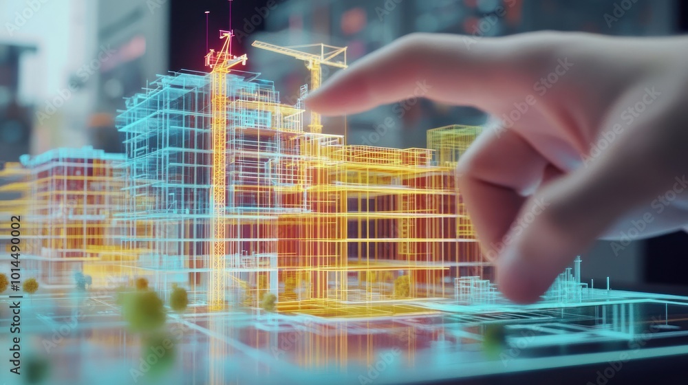 Aufkleber hand interacting with a 3d model of a building under construction