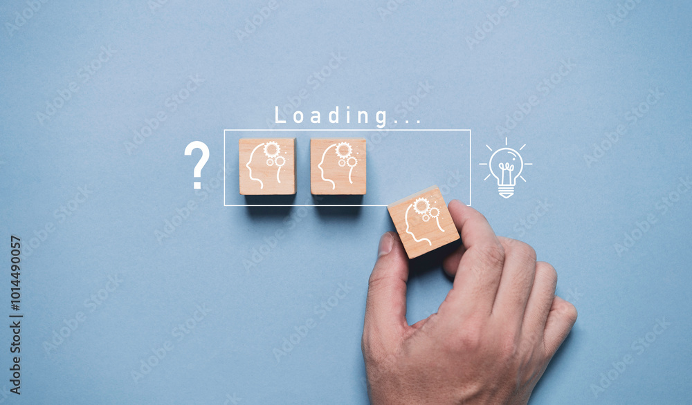 Poster hand assemble human thinking icon to loading bar from question mark to glowing lightbulb for creativ