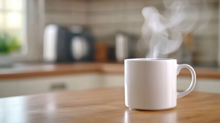 Steaming Mug of Coffee on Wooden Kitchen Counter in Cozy Home Setting, AI
