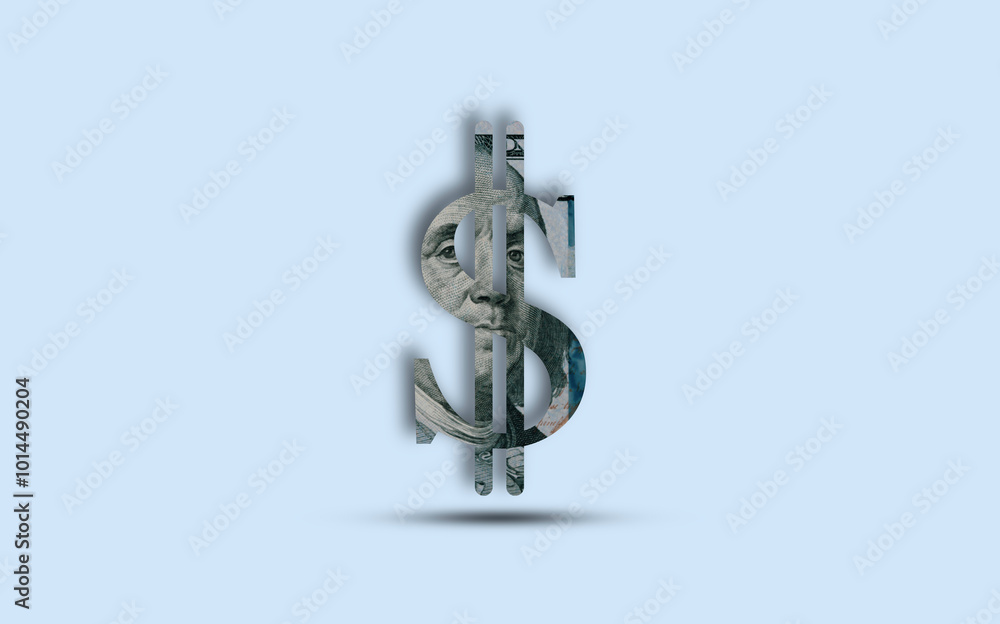 Poster isolation with clipping path of usd sign on dollar banknote on blue background for dollar is the mai
