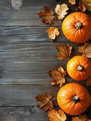 Autumn pumpkins surrounded by colorful fallen leaves on wooden table