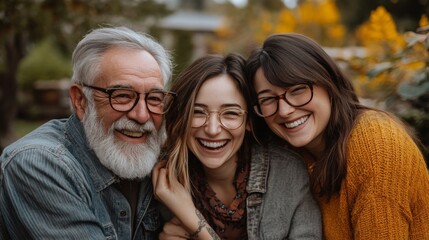 Three generations of family members posing for a candid photo in the backyard, laughing and holding each other close 