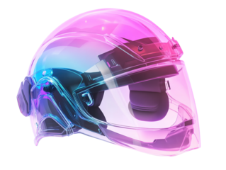 A transparent high-tech helmet featuring digital interfaces and blue lighting, representing advanced technology, virtual reality, and futuristic design.