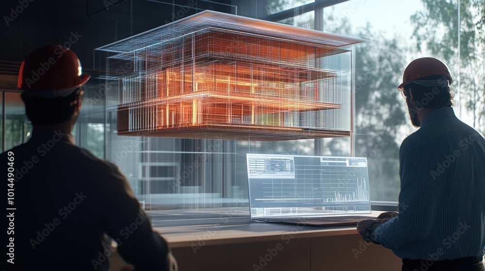 Poster two architects reviewing a 3d model of a modern house