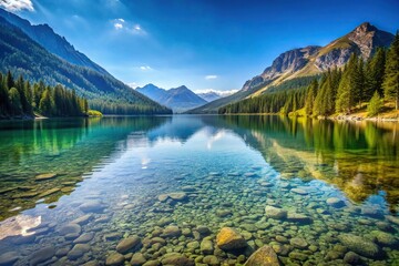 Clear mountain lake with crystal blue water surrounded by scenic nature