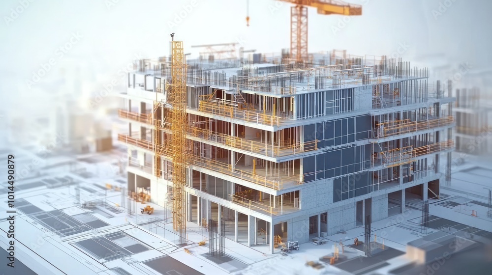 Poster Concrete building under construction with scaffolding and crane