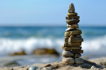 made of stone tower on the beach and blur background