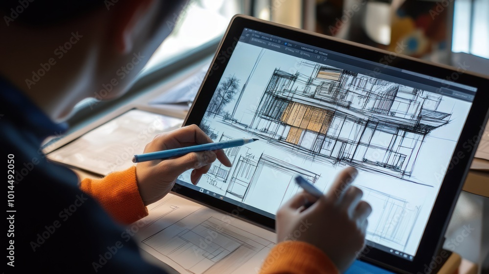 Poster architect using digital pen to sketch house design on tablet