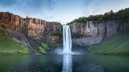 Fototapeta premium Stunning photo of a cascading waterfall flowing into a crystal-clear pool surrounded by lush greenery. Perfect for nature, travel, and relaxation themes.