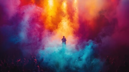 Silhouette of a Person in a Crowd with Colorful Smoke and Fog