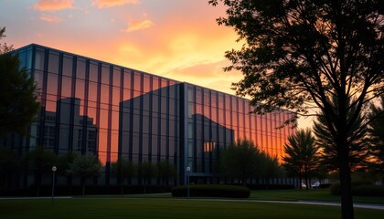 exterior view of office building with sunset sky