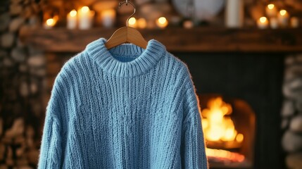 Obraz premium Cozy winter scene soft blue knitted sweater on wooden hanger in front of glowing fireplace