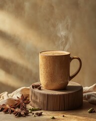 A steaming cup of coffee on a wooden surface, surrounded by spices, evoking warmth and comfort.