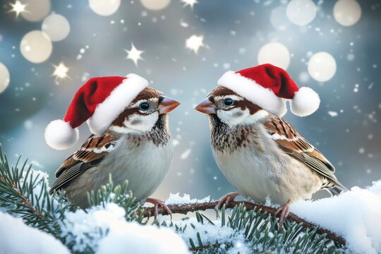 festive new year card with two little funny birds sparrows sit in the winter garden under a spruce branch in red Santa hats with generative ai