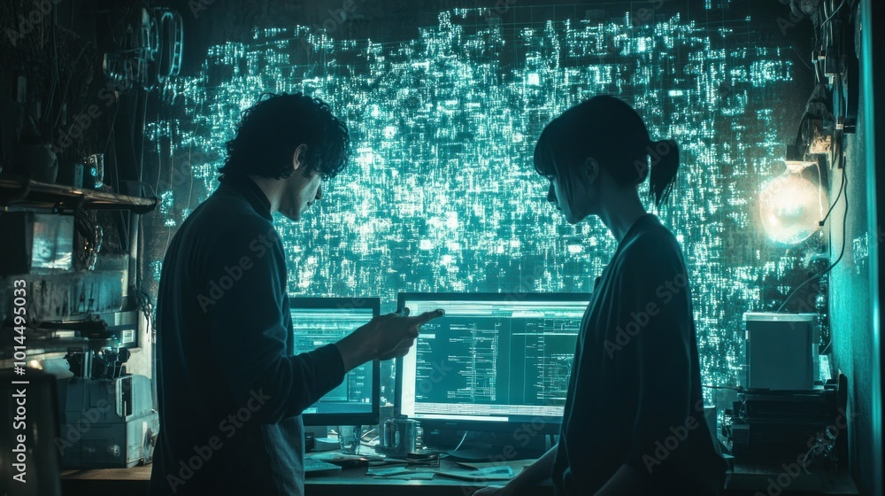 Aufkleber Two Silhouetted Figures Working at Computers in a Dark Room with a Green Digital Wall Display