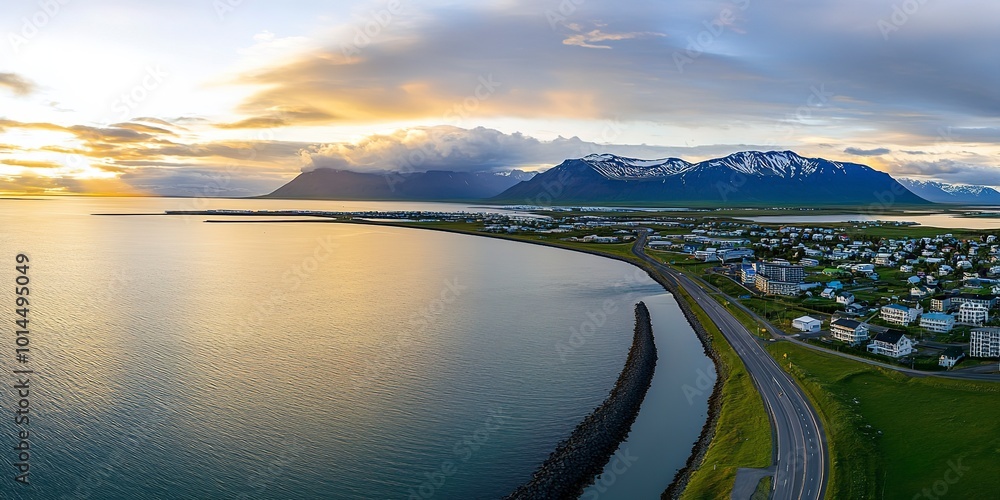 Poster scenic road in Iceland, beautiful nature landscape aerial panorama, mountains and coast at sunset 