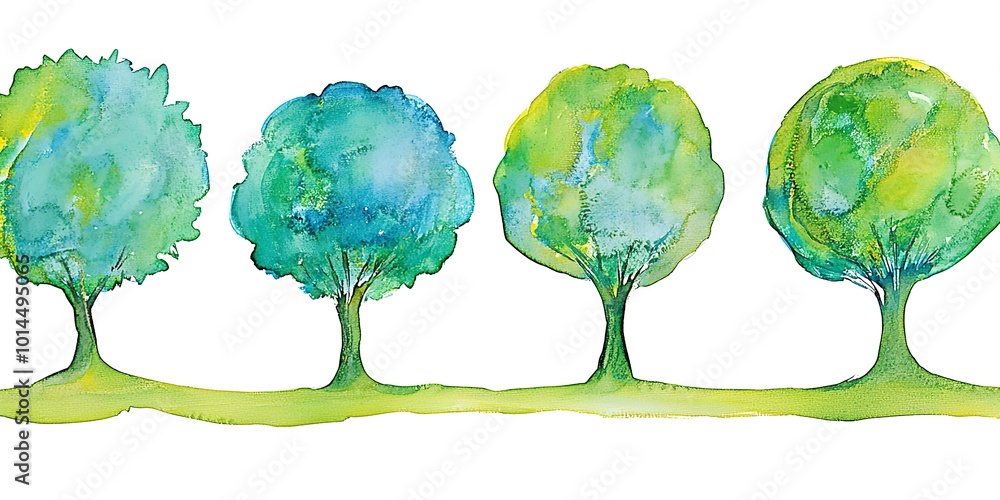 Wall mural seamless watercolor landscape with trees 