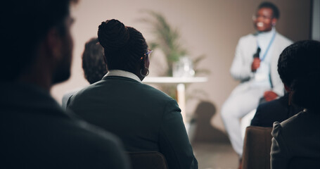 Business man, speaker and audience for conference, presentation and global seminar with people....