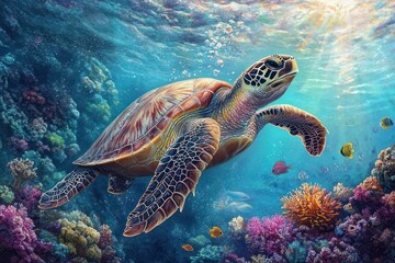 Obraz premium Sea Turtle Swimming Through Coral Reef