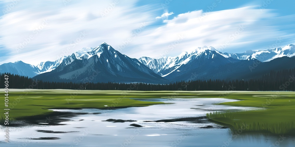 Canvas Prints Realistic vector image of the mountain landscape and a river across the green fields. 