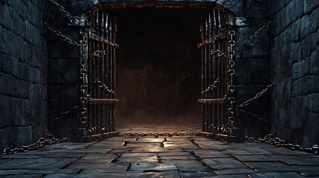 An old, rusty iron gate with chains is open in a dark, brick tunnel.  The gate leads to a mysterious dark room with a faint light at the end.