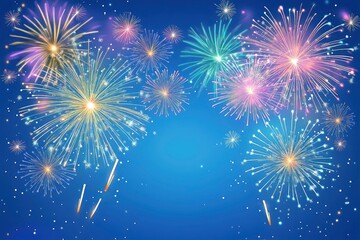 Naklejka premium Fireworks colorful explosions on blue, festive background with copy space with generative ai
