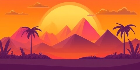 Panoramic Mountain landscape with orange sunset 