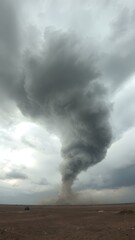Obraz premium A dark, swirling sky with a funnel cloud forming, set against a flat landscape with debris visible in the distance, creating a sense of chaos