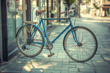 A vintage blue bicycle stands on a quiet street, showcasing urban leisure and transport.