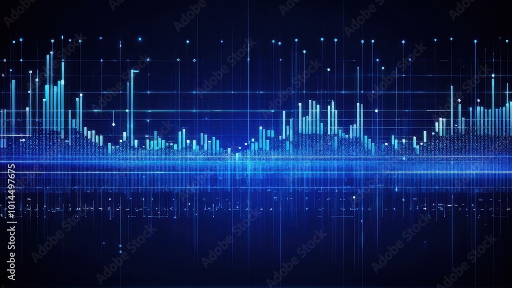 Poster abstract visualization of sound waves and data trends in blue tones.